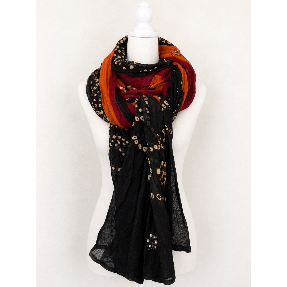 Gypsy Sheer‎ Scarf Delicate Silver Sequins Rectangle 42 x 96 Maroon Black Orange